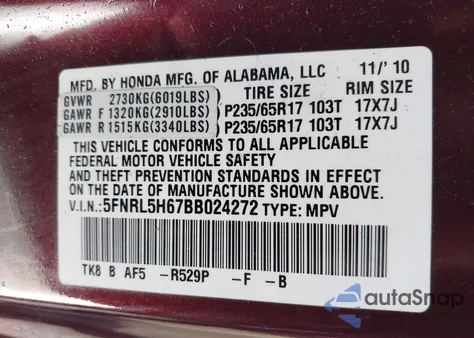 2011 Honda Odyssey Ex-L from USA, damaged, VIN 5FNRL5H67BB024272